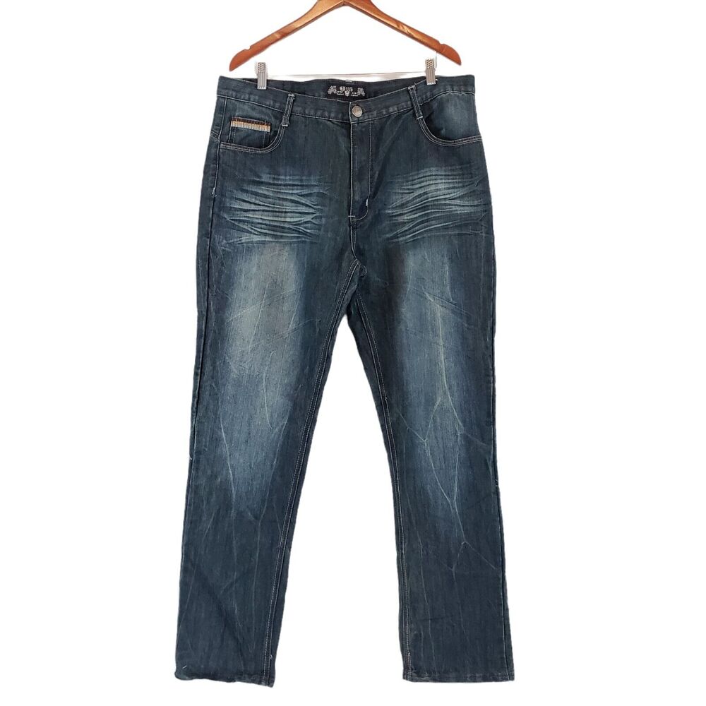 GS115 Jeans Mens Size 40x33 Embroidered Pockets Straight Leg Blue Denim Pants